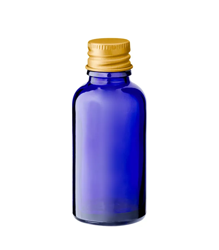 Blaue Glasflasche 30 ml mit goldenem Aluminium Schraubverschluss